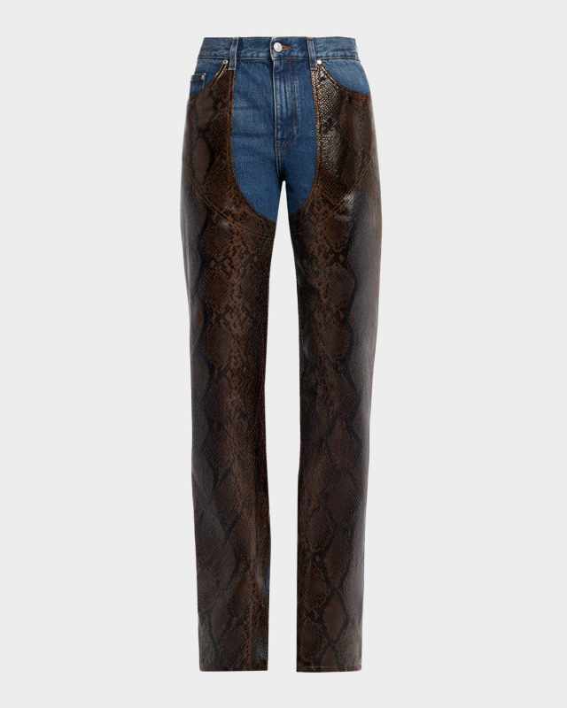 Snake Panel Vegan Leather Chaps Denim Jeans